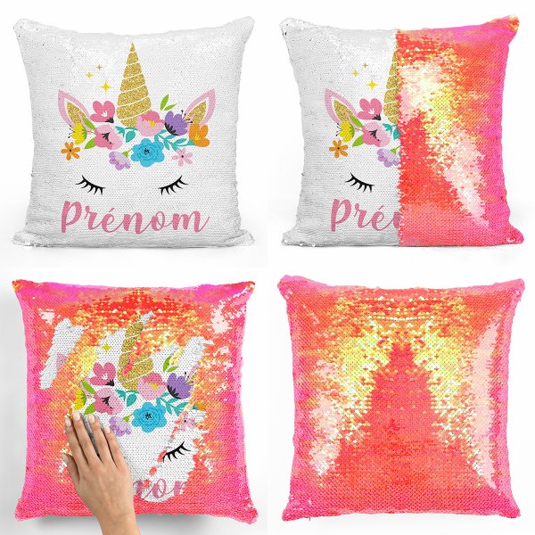 coussin pillow mermaid à sequin magique enfant reversible et personnalisable avec motif licorne de couleur orange nacré