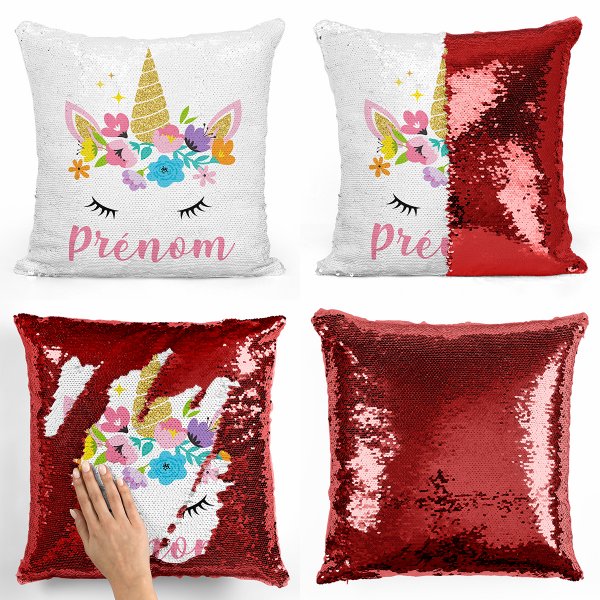 coussin pillow mermaid à sequin magique enfant reversible et personnalisable avec motif licorne de couleur rouge