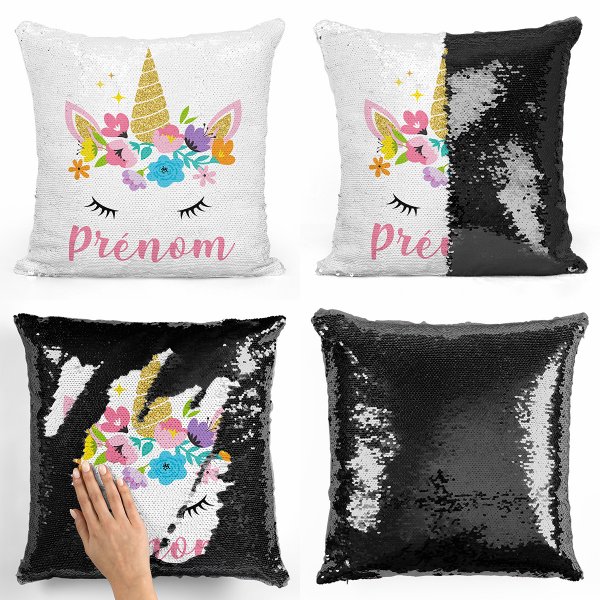 coussin pillow mermaid à sequin magique enfant reversible et personnalisable avec motif licorne de couleur noir