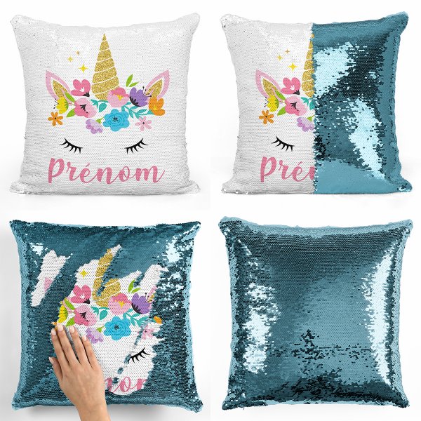 coussin pillow mermaid à sequin magique enfant reversible et personnalisable avec motif licorne de couleur bleu clair