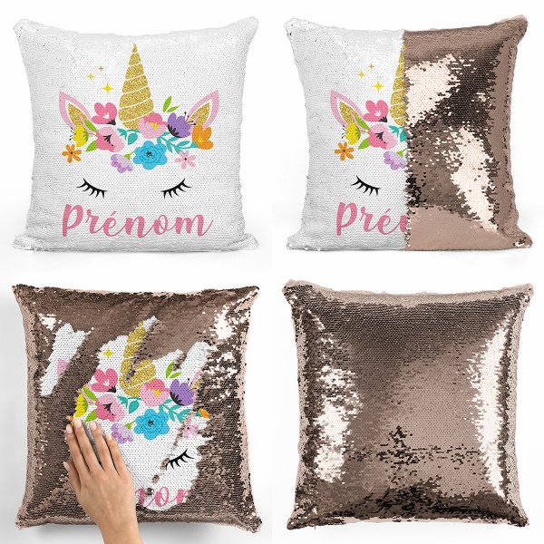 coussin pillow mermaid à sequin magique enfant reversible et personnalisable avec motif licorne de couleur champagne