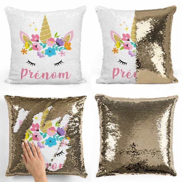 coussin pillow mermaid à sequin magique enfant reversible et personnalisable avec motif licorne de couleur or doré