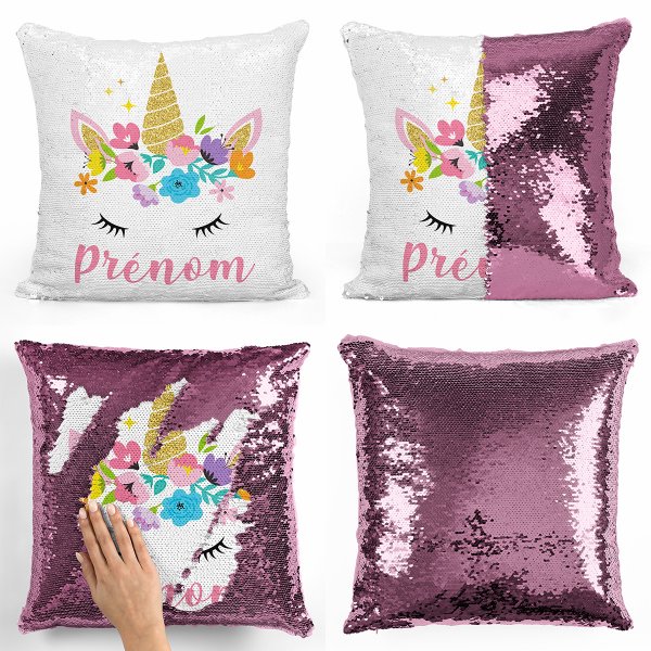 coussin pillow mermaid à sequin magique enfant reversible et personnalisable avec motif licorne de couleur rose clair