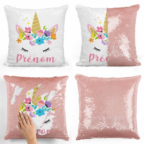 coussin pillow mermaid à sequin magique enfant reversible et personnalisable avec motif licorne de couleur saumon