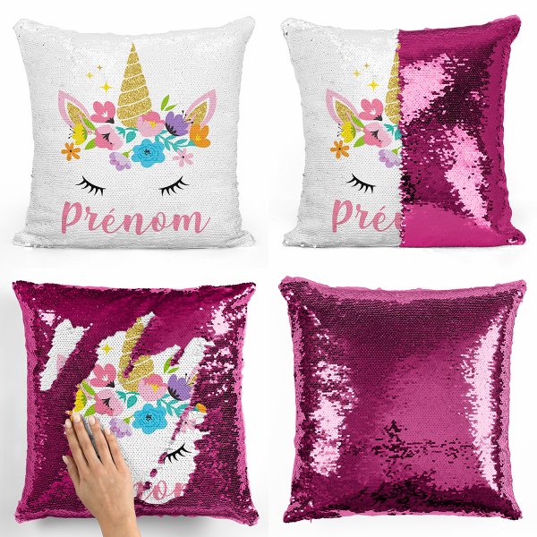 coussin pillow mermaid à sequin magique enfant reversible et personnalisable avec motif licorne de couleur fushia