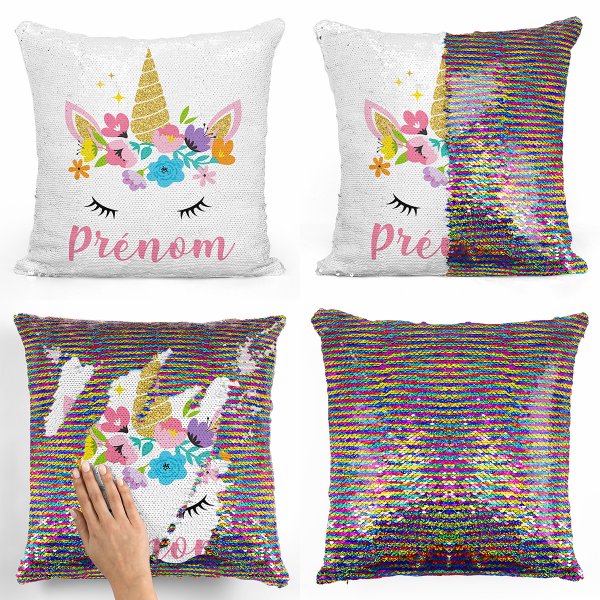 coussin pillow mermaid à sequin magique enfant reversible et personnalisable avec motif licorne de couleur multicolore