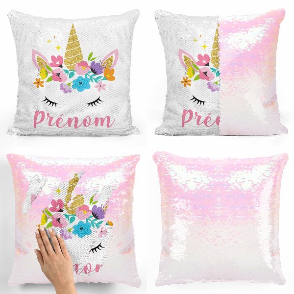 coussin pillow mermaid à sequin magique enfant reversible et personnalisable avec motif licorne de couleur blanc nacré