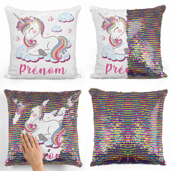 coussin pillow mermaid à sequin magique enfant reversible et personnalisable avec motif licorne nuages de couleur multicolore
