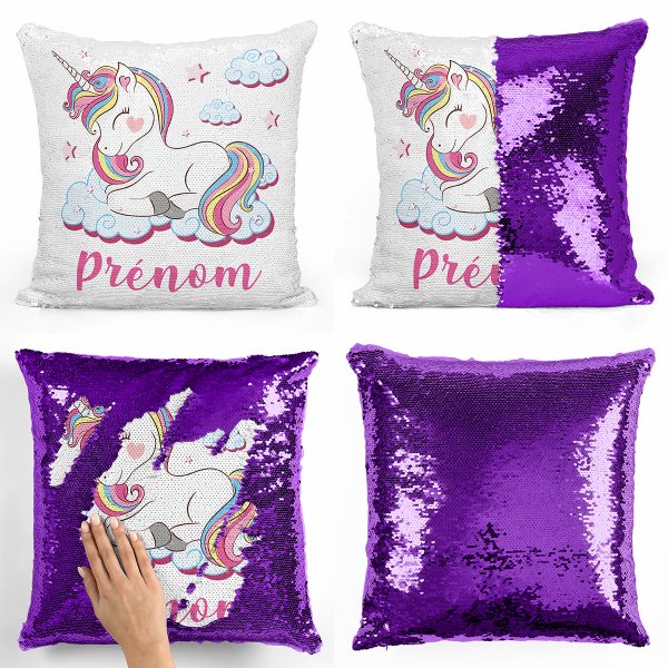 coussin pillow mermaid à sequin magique enfant reversible et personnalisable avec motif licorne nuages de couleur violet