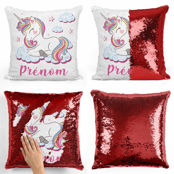 coussin pillow mermaid à sequin magique enfant reversible et personnalisable avec motif licorne nuages de couleur rouge