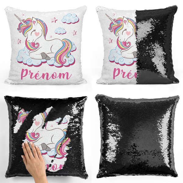 coussin pillow mermaid à sequin magique enfant reversible et personnalisable avec motif licorne nuages de couleur noir