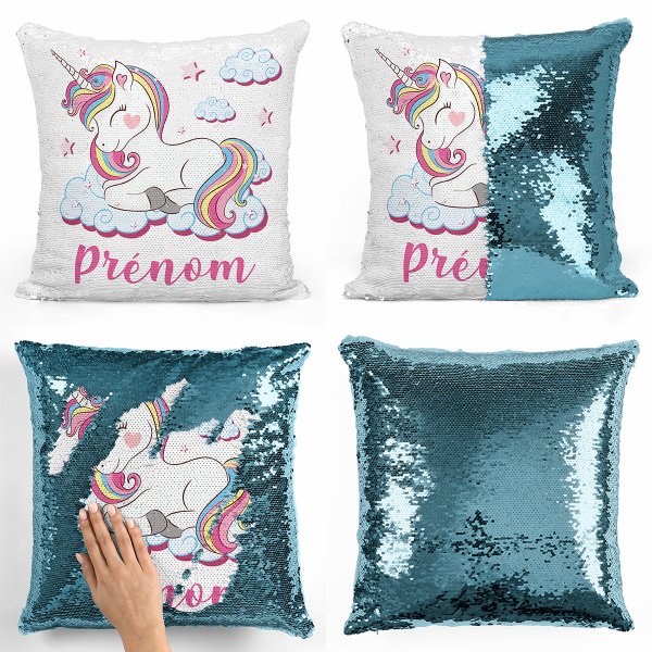 coussin pillow mermaid à sequin magique enfant reversible et personnalisable avec motif licorne nuages de couleur bleu clair