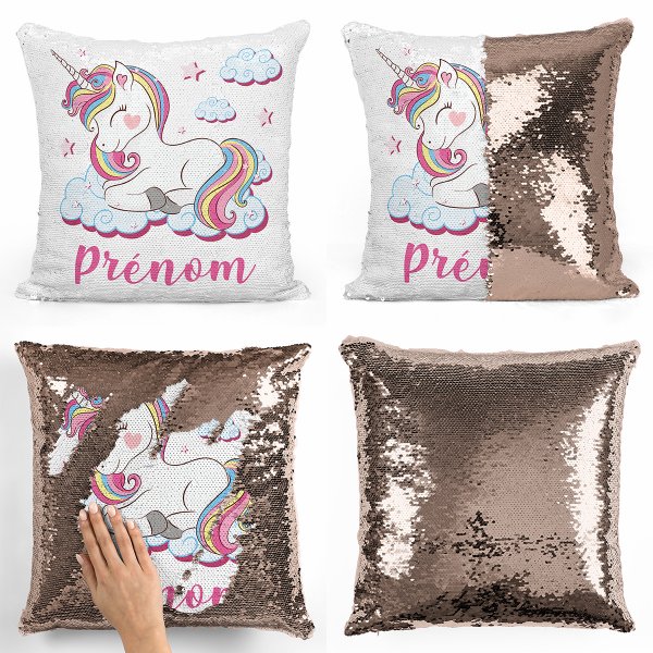 coussin pillow mermaid à sequin magique enfant reversible et personnalisable avec motif licorne nuages de couleur champagne