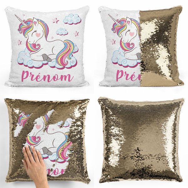 coussin pillow mermaid à sequin magique enfant reversible et personnalisable avec motif licorne nuages de couleur or doré