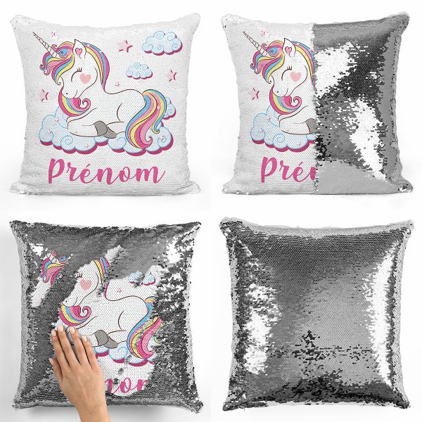 coussin pillow mermaid à sequin magique enfant reversible et personnalisable avec motif licorne nuages de couleur argent