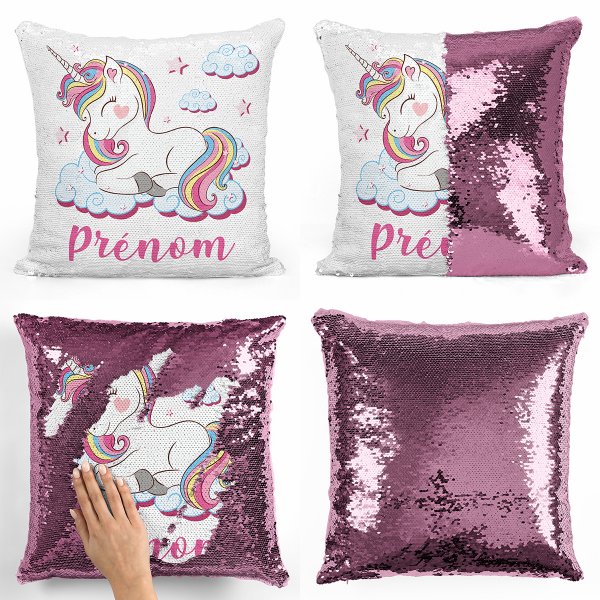 coussin pillow mermaid à sequin magique enfant reversible et personnalisable avec motif licorne nuages de couleur rose clair