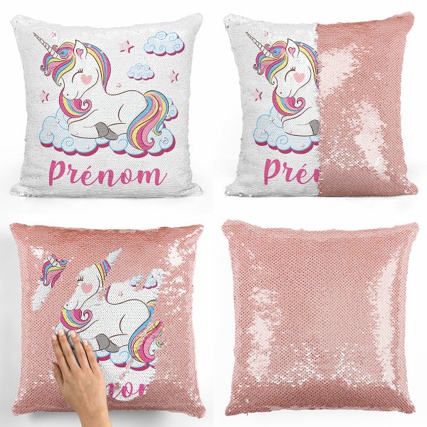 coussin pillow mermaid à sequin magique enfant reversible et personnalisable avec motif licorne nuages de couleur saumon