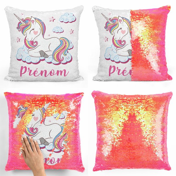 coussin pillow mermaid à sequin magique enfant reversible et personnalisable avec motif licorne nuages de couleur orange nacré