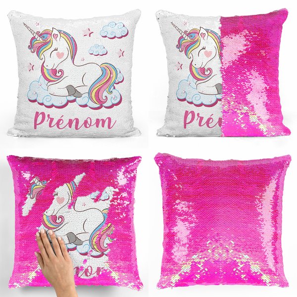 coussin pillow mermaid à sequin magique enfant reversible et personnalisable avec motif licorne nuages de couleur rose nacré