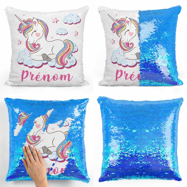 coussin pillow mermaid à sequin magique enfant reversible et personnalisable avec motif licorne nuages de couleur bleu nacré