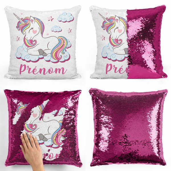 coussin pillow mermaid à sequin magique enfant reversible et personnalisable avec motif licorne nuages de couleur fushia