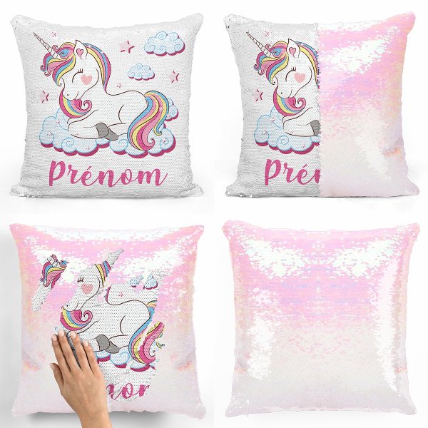 coussin pillow mermaid à sequin magique enfant reversible et personnalisable avec motif licorne nuages de couleur blanc nacré