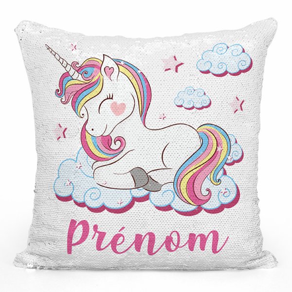 coussin pillow mermaid à sequin magique enfant reversible et personnalisable avec motif licorne nuages