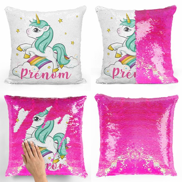 coussin pillow mermaid à sequin magique enfant reversible et personnalisable avec motif licorne nuages arc-en-ciel de couleur rose nacré
