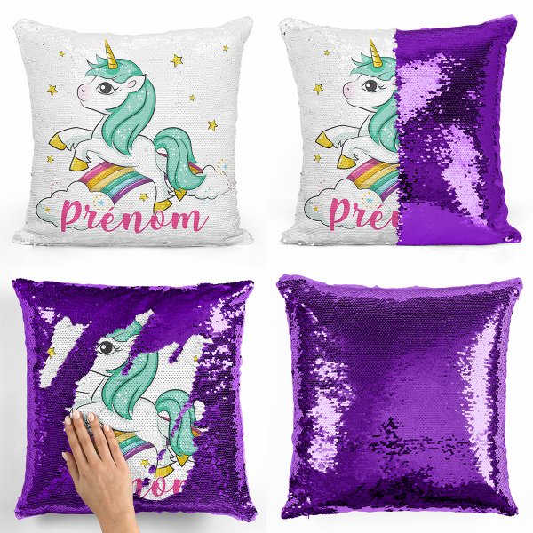 coussin pillow mermaid à sequin magique enfant reversible et personnalisable avec motif licorne nuages arc-en-ciel de couleur violet