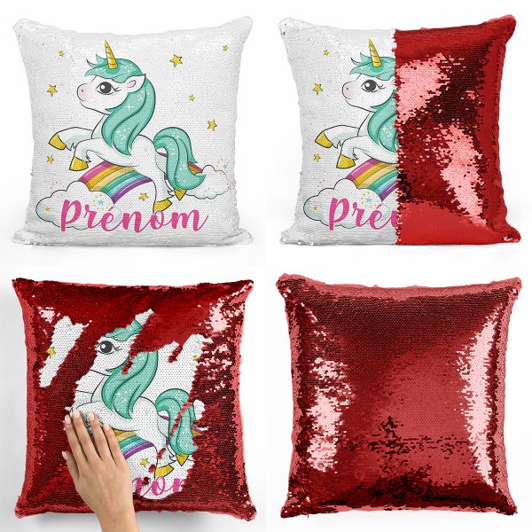 coussin pillow mermaid à sequin magique enfant reversible et personnalisable avec motif licorne nuages arc-en-ciel de couleur rouge