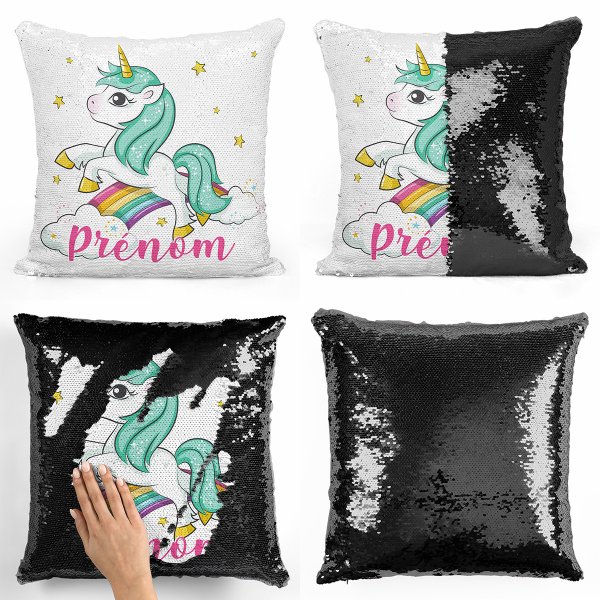 coussin pillow mermaid à sequin magique enfant reversible et personnalisable avec motif licorne nuages arc-en-ciel de couleur noir