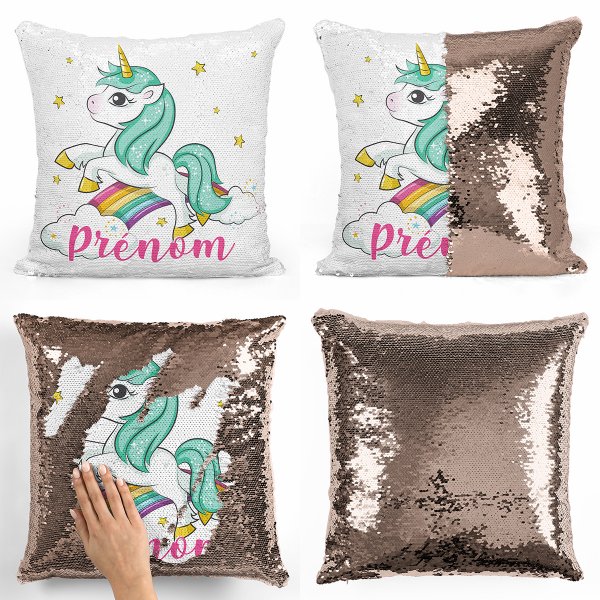 coussin pillow mermaid à sequin magique enfant reversible et personnalisable avec motif licorne nuages arc-en-ciel de couleur champagne