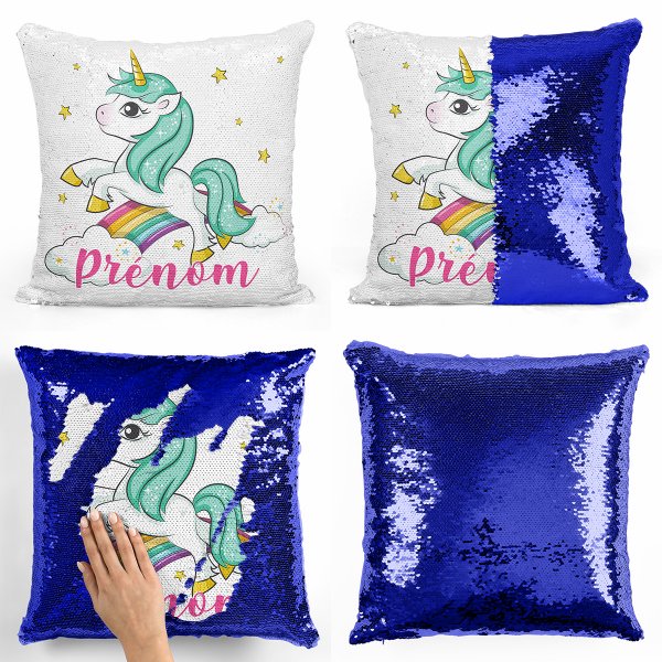 coussin pillow mermaid à sequin magique enfant reversible et personnalisable avec motif licorne nuages arc-en-ciel de couleur bleu foncé