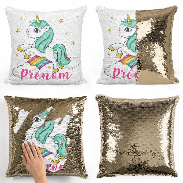 coussin pillow mermaid à sequin magique enfant reversible et personnalisable avec motif licorne nuages arc-en-ciel de couleur or doré