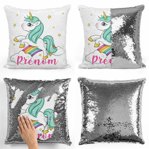 coussin pillow mermaid à sequin magique enfant reversible et personnalisable avec motif licorne nuages arc-en-ciel de couleur argent