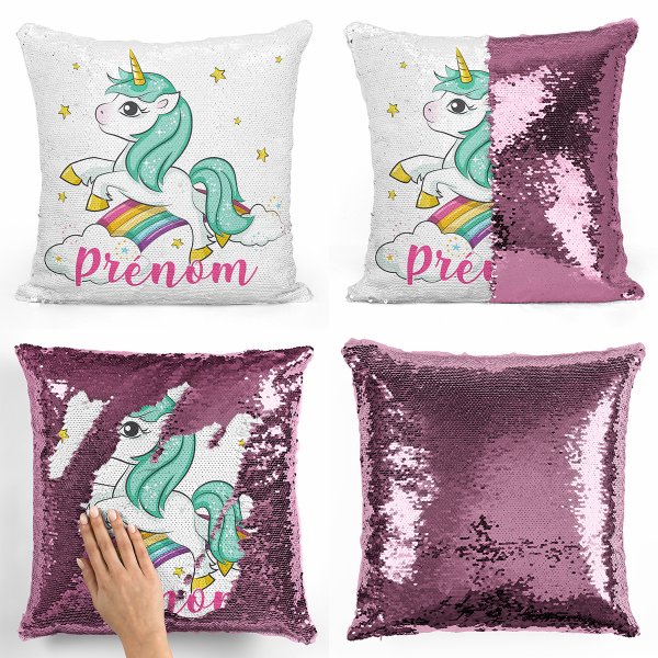 coussin pillow mermaid à sequin magique enfant reversible et personnalisable avec motif licorne nuages arc-en-ciel de couleur rose clair