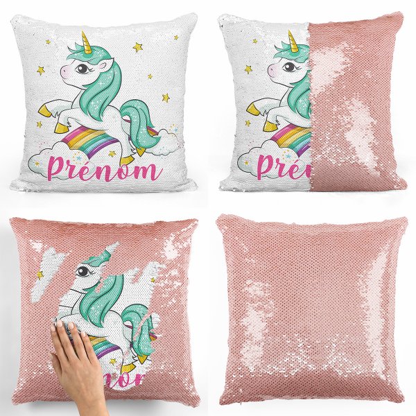 coussin pillow mermaid à sequin magique enfant reversible et personnalisable avec motif licorne nuages arc-en-ciel de couleur saumon