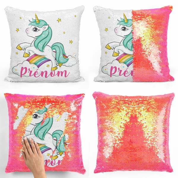 coussin pillow mermaid à sequin magique enfant reversible et personnalisable avec motif licorne nuages arc-en-ciel de couleur orange nacré