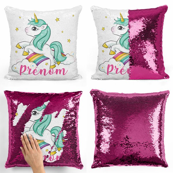 coussin pillow mermaid à sequin magique enfant reversible et personnalisable avec motif licorne nuages arc-en-ciel de couleur fushia