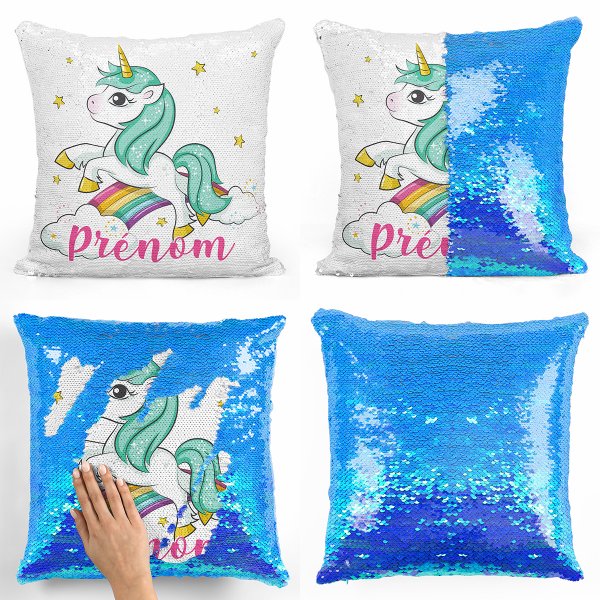 coussin pillow mermaid à sequin magique enfant reversible et personnalisable avec motif licorne nuages arc-en-ciel de couleur bleu nacré