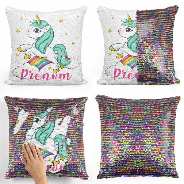 coussin pillow mermaid à sequin magique enfant reversible et personnalisable avec motif licorne nuages arc-en-ciel de couleur multicolore