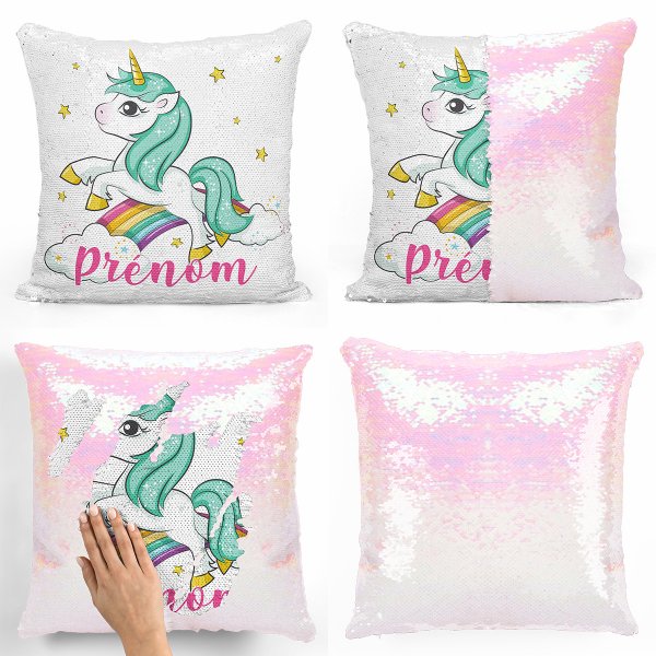 coussin pillow mermaid à sequin magique enfant reversible et personnalisable avec motif licorne nuages arc-en-ciel de couleur blanc nacré