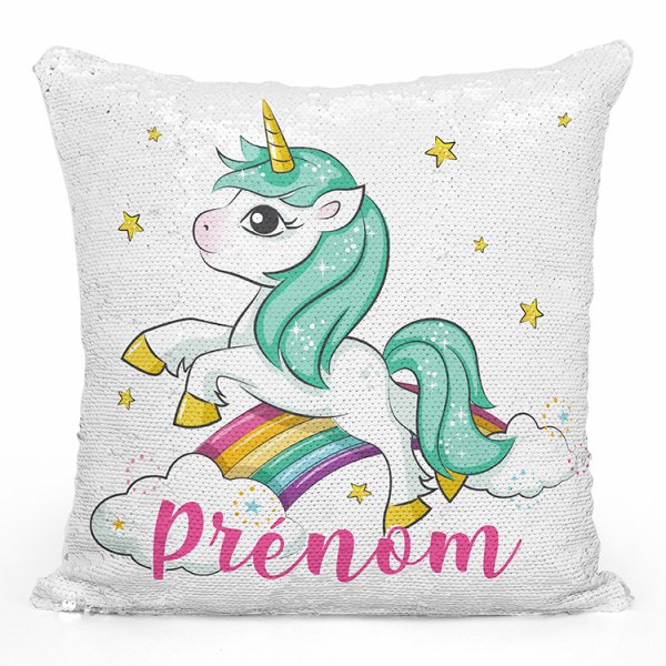 coussin pillow mermaid à sequin magique enfant reversible et personnalisable avec motif licorne nuages arc-en-ciel