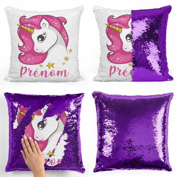 coussin pillow mermaid à sequin magique enfant reversible et personnalisable avec motif licorne étoiles de couleur violet