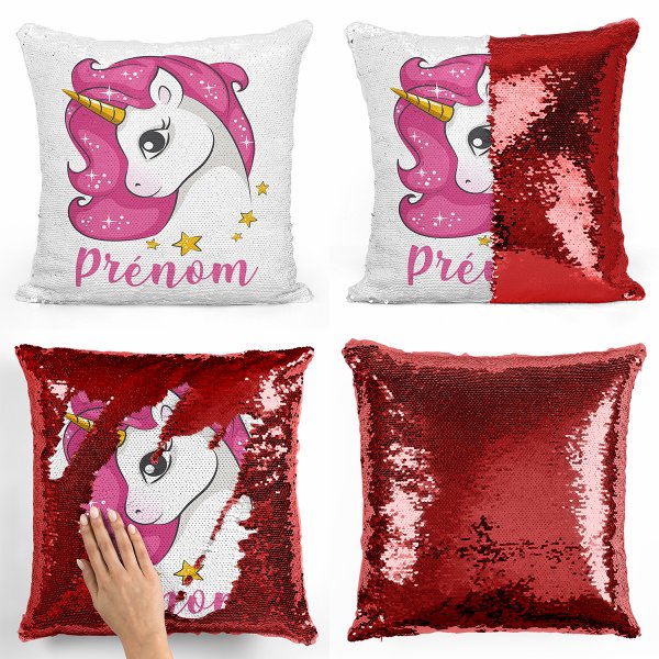 coussin pillow mermaid à sequin magique enfant reversible et personnalisable avec motif licorne étoiles de couleur rouge