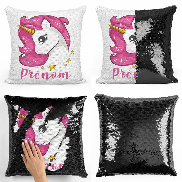 coussin pillow mermaid à sequin magique enfant reversible et personnalisable avec motif licorne étoiles de couleur noir