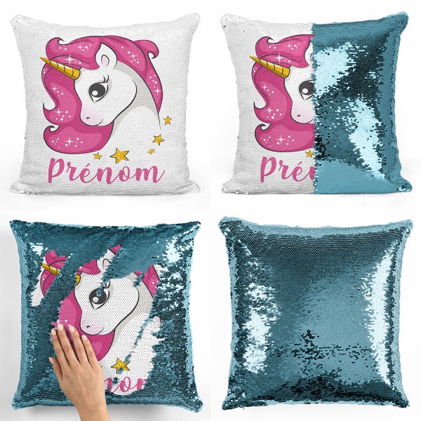 coussin pillow mermaid à sequin magique enfant reversible et personnalisable avec motif licorne étoiles de couleur bleu clair