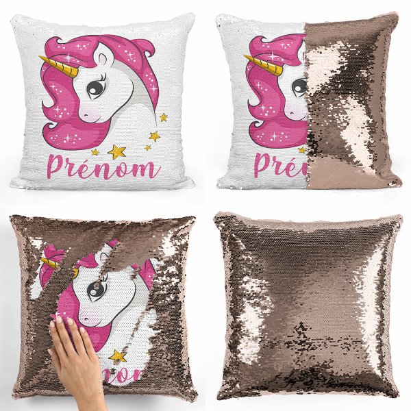 coussin pillow mermaid à sequin magique enfant reversible et personnalisable avec motif licorne étoiles de couleur champagne