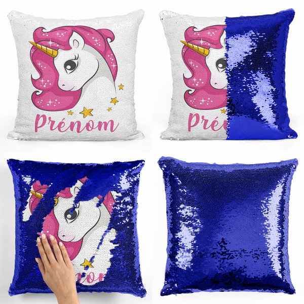 coussin pillow mermaid à sequin magique enfant reversible et personnalisable avec motif licorne étoiles de couleur bleu foncé