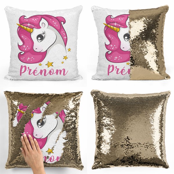 coussin pillow mermaid à sequin magique enfant reversible et personnalisable avec motif licorne étoiles de couleur or doré